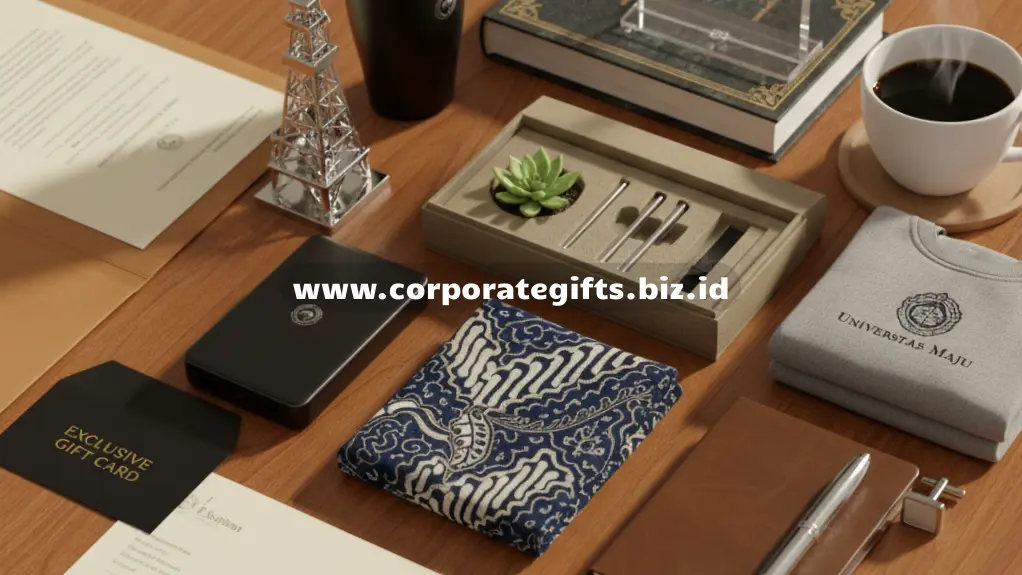 Contoh corporate gift eksklusif untuk industri dan institusi seperti plakat kristal, notebook kulit, dan souvenir premium berlogo perusahaan